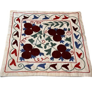 Uzbek Silk Embroidery Lace Pillow Cover, Handmade Suzani Textile Pillow. 17"x19"